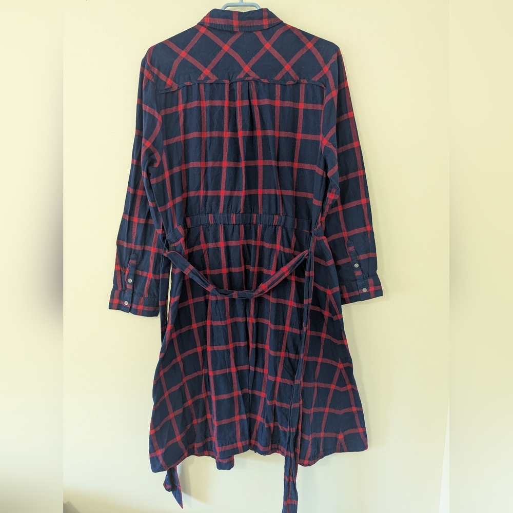 J Crew Women's 14 Blue Red Check / Plaid Button Shirt Dress Waist Cinch Collar - Picture 4 of 6